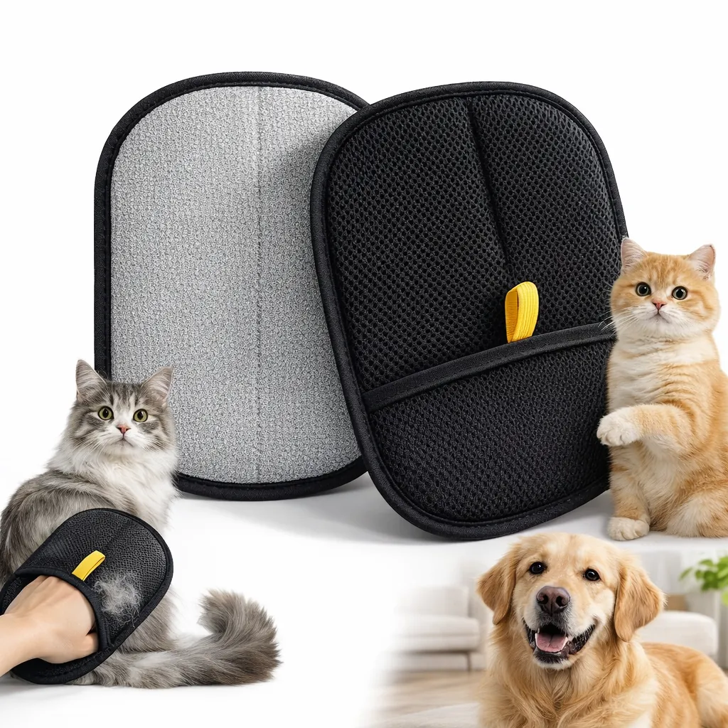 Pet grooming glove in action removing loose fur from a cat